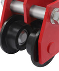Close-up of 3 Ton Beam Trolley Hoist with dual wheels and adjustable width for straight and curved I beams, heavy-duty design