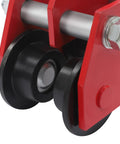 Close-up of red 3 Ton Manual Beam Trolley For I Beam Lifts Heavy Duty Push Trolley With Dual Track Rollers, side view.