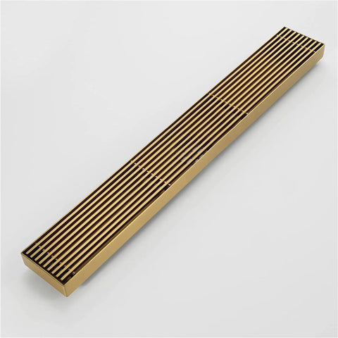 Stainless Steel Rectangle Floor Drain Insert With Pop Off Grate And Hair Catcher Stops Hair Snafus Quick Flow Action And Pull Out Tray in gold finish.