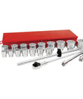 Built Tough 1 Inch Drive SAE Socket Set With 21 Piece Mechanics Ratchet Tools DropForged Chrome Vanadium Steel Construction For Auto Garage Work, silver and red socket set.