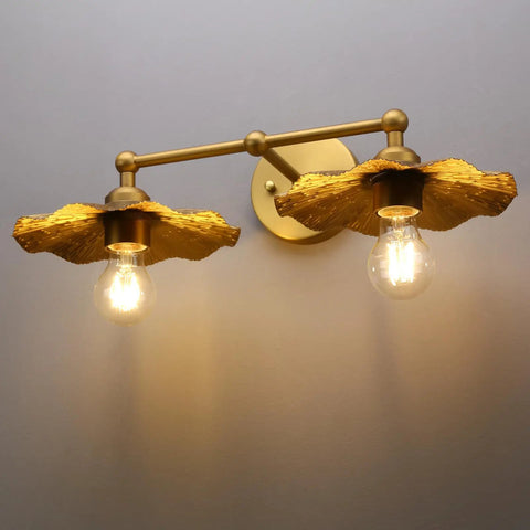 Two Light Industrial Metal Wall Sconces With Antique Brass Flower Ripple Shade For Bathroom Vanity Bedroom Dining Room Living Room And Hallway Retro Farmhouse Lighting