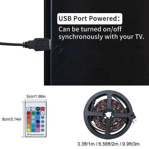 LED TV Backlight Kit With Remote For 24 To 40 Inch TVs And PC Monitors showing USB powered connection and light strip reel.