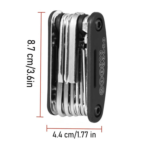 16 In 1 Bike Multitool For Mountain And Road Bikes Foldable Bicycle Tool Kit showing size dimensions in centimeters and inches
