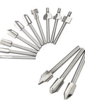 Top Tier 10 Piece Carbide Router Bit Set With One Eighth Inch Shank For Rotary Tools, showing various bit shapes and sizes.