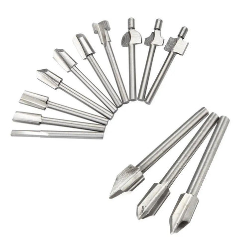 Top Tier 10 Piece Carbide Router Bit Set With One Eighth Inch Shank For Rotary Tools, showing various bit shapes and sizes.