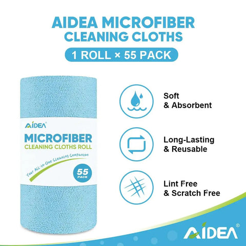 Blue Microfiber Shop Towels Roll With 55 Sheets Washable And Reusable 11x9 Inch Cloths For Cars Automotive Detailing Glass And Window Cleaning Home Kitchen And Workshop Rags package with features listed alongside