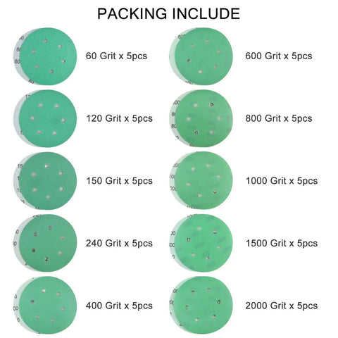 Image showing 50Pcs 6 Inch 6 Hole Wet Dry Sanding Discs Assortment Set Green Film Back Grit 60 to 2000 for metal polishing.