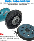 5 Inch Hook And Loop Sander Pad For Orbital Sanders, showing pad with 8 dust holes and 3 screw holes next to blue sander