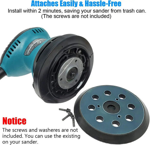 5 Inch Hook And Loop Sander Pad For Orbital Sanders, showing pad with 8 dust holes and 3 screw holes next to blue sander