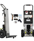 RXFSP Electric Stair Climbing Hand Truck Dolly With 880 Lb Heavy Duty Capacity, Lithium Battery Powered Trolley Cart side view with accessories.