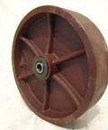 Heavy Duty Eight Inch Ductile Steel Swivel Casters With Brakes Plus Two Rigid Units, close-up view of a sturdy steel wheel.