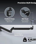 Heavy Duty Low Profile Microphone Boom Arm Stand For Gaming And Streaming With Solid Aluminum Build showing padded clamp and ball head.