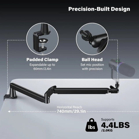 Heavy Duty Low Profile Microphone Boom Arm Stand For Gaming And Streaming With Solid Aluminum Build showing padded clamp and ball head.