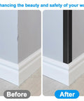 Before and after comparison of No Sweat 4 Pack Black Aluminum Corner Guards with tough L shape wall edge protection.