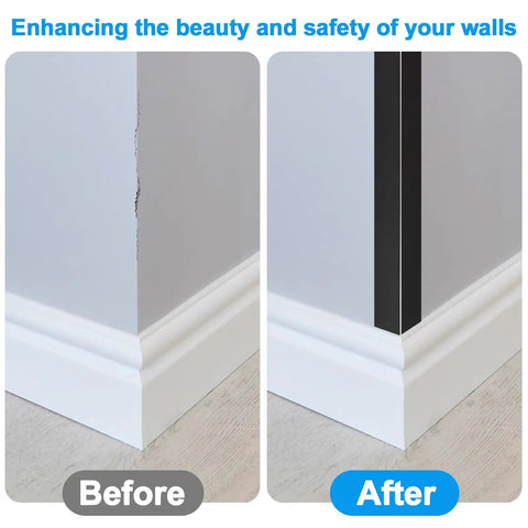 Before and after comparison of No Sweat 4 Pack Black Aluminum Corner Guards with tough L shape wall edge protection.