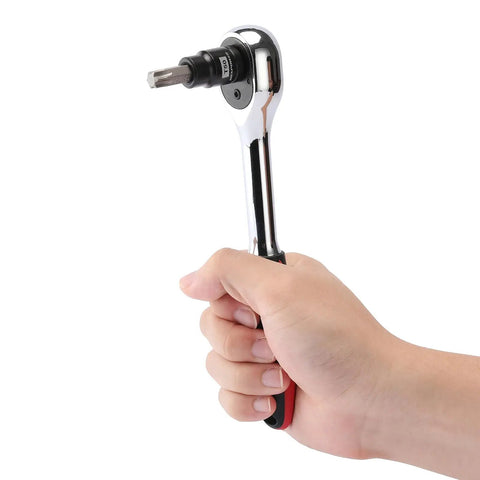 Hand holding ratchet with Torx Bit And Socket Set 25 Piece With 13 Star Bits T8 To T60 And 12 E Torx Sockets E4 To E22 Hardcore CRV Steel