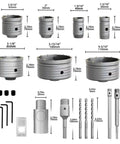 Pro Grade 22 Pieces Concrete Hole Saw Kit Built Like A Tank With Tungsten Steel Carbide Cutting Heads and SDS Plus Max Shanks, various sizes and accessories.