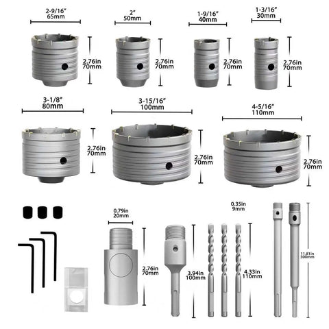 Pro Grade 22 Pieces Concrete Hole Saw Kit Built Like A Tank With Tungsten Steel Carbide Cutting Heads and SDS Plus Max Shanks, various sizes and accessories.