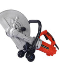Badass 14 Inch Electric Concrete Saw With 3000W Motor And Wet Cut Water Feed Setup showing silver blade and red handle.