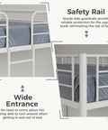 Heavy Duty Twin Over Twin Metal Bunk Bed With Sturdy Steel Ladder High Safety Guardrails Built Tough For Kids Teens Adults Dorm Room Extra Thick Steel Slats Keep It Rock Solid And Totally Squeak Free White safety rail and wide entrance details