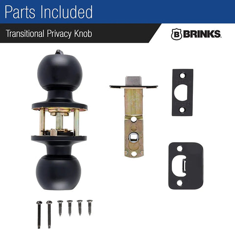 Transitional Privacy Door Knob Set In Matte Black For Exterior Doors With Lock, parts and installation items included