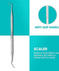 Pro Grade Plaque Remover Teeth Cleaning Tools 4 Piece Stainless Steel Dental Care Kit close-up of scaler with anti-slip handle