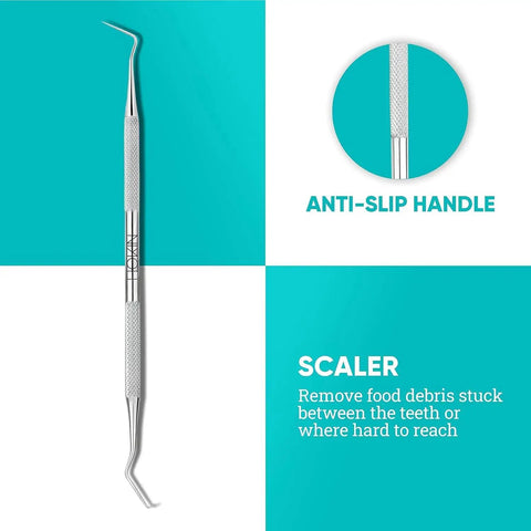 Pro Grade Plaque Remover Teeth Cleaning Tools 4 Piece Stainless Steel Dental Care Kit close-up of scaler with anti-slip handle