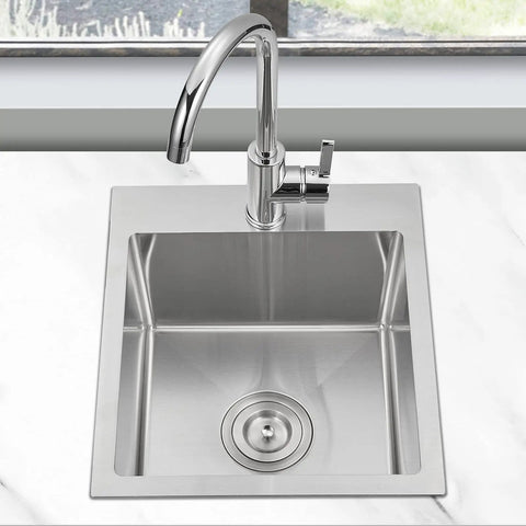 Top view of 15 Inch Bar Sink Drop In Topmount With Single Bowl 304 Stainless Steel Handmade Kitchen Bar Sink Built For Prep And Entertaining Includes Basket Strainer Bar Grade Tough And Rust Resistant Durable installed in countertop