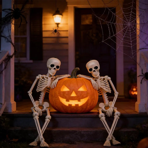 Indoor Halloween Skeletons Two Pack 15 Inch Life Size Full Body Posable Joints Skeleton Figures For Spooky Home Decor Realistic Resin Bone Color Dress Up Ready For Parties And Year Round Halloween Vibe with sitting skeletons and jack-o'-lantern on porch