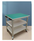Heavy Duty Rolling ESD Workbench With Smooth Glide Casters And Quick Adjust Height Aluminum Frame with green top and shelves.