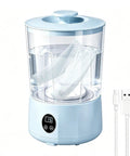 Hassle Free Cordless Mini Washing Machine With Rechargeable Battery And Three Wash Modes For Underwear Socks And Daily Threads, showing compact blue design with water and laundry.
