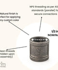 Half Inch Coupling Set For Black Iron Pipe Fittings with 1/2 inch NPS threading and natural finish for DIY shelving.