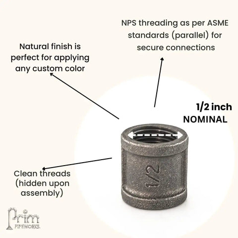 Half Inch Coupling Set For Black Iron Pipe Fittings with 1/2 inch NPS threading and natural finish for DIY shelving.