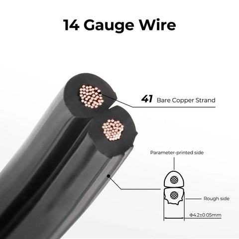 Low Voltage Landscape Wire 14/2 for Outdoor Lighting, close-up of 14 gauge black cable showing bare copper strands