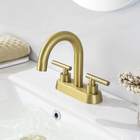 Brushed Gold Bathroom Faucet For Modern Vanities, 4-Inch Centerset Design, Sleek Brass Construction With Brushed Gold Finish