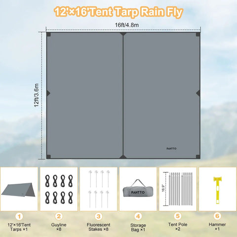 Diagram of Beefy 16x12 Ft Camping Tarp With Poles Waterproof Canopy Rain Shelter including accessories and dimensions.