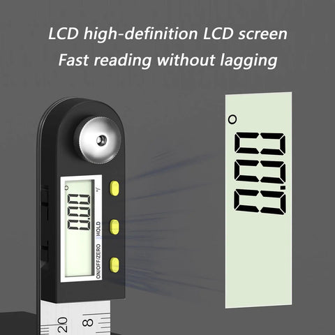 Hardcore Stainless Steel Digital Protractor With Bold Lcd Screen For Spot On 360 Degree Angle Measuring in use, showcasing LCD display and buttons.
