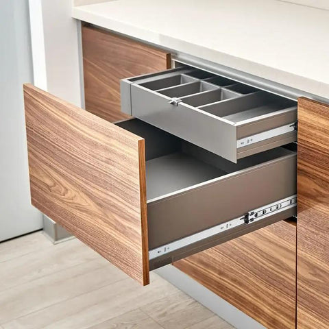 22 Inch Heavy Duty Soft Close Drawer Slides Set with 10 Pairs Side Mount Ball Bearing Rails installed in a wooden kitchen cabinet