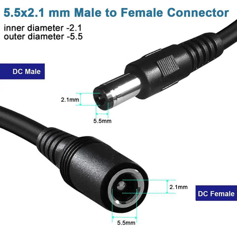 2 Pack 10 Foot DC Power Extension Cables 5.5mm x 2.1mm Heavy Duty 12V Extension Lead For Security Cameras CCTV IP Routers And LED Strips