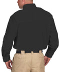 Men's Long Sleeve Tactical Shirt In Black Featuring Stain Resistant Ripstop Cotton Blend And Hidden Zipper Placket, back view.