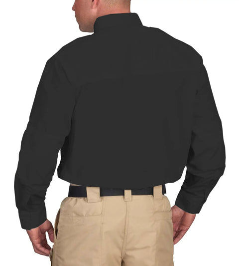 Men's Long Sleeve Tactical Shirt In Black Featuring Stain Resistant Ripstop Cotton Blend And Hidden Zipper Placket, back view.