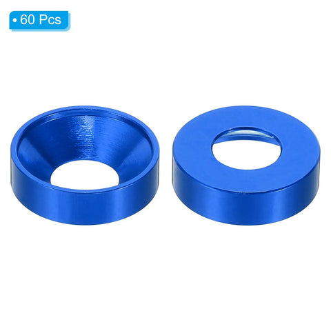 Badass M8 Countersunk Washers, 60 Pack Anodized Aluminum Alloy fasteners, dark blue, flat cup head design.