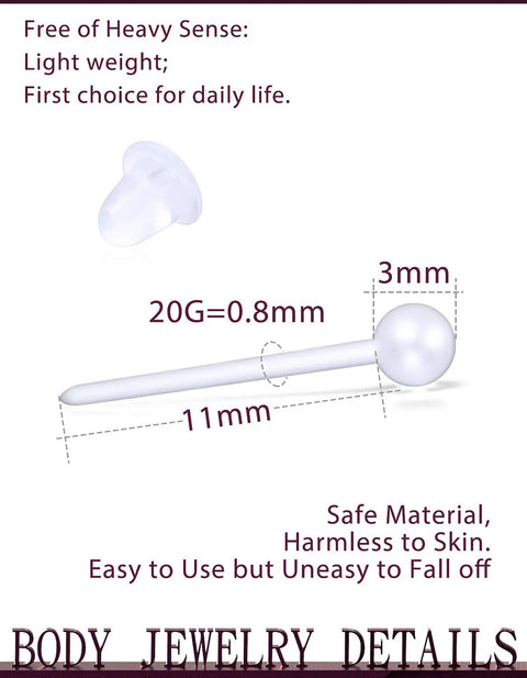 Clear Plastic Silicone Multicolor Ball Stud Earrings Post Hole Saver Piercing Retainers Medical Grade For Sensitive Ears Women And Men Dope For Sports And Work, 20G 11mm 3mm