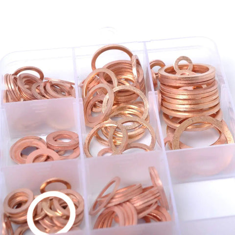 Ultimate 280-Piece Solid Copper Sump Plug Washer Set Kit With Complete Metric Pack Oil Drain Seals For Auto And Marine Engines To Stop Drip Leaks Like A Boss During Quick Maintenance And Major Repairs. copper washers in plastic organizer box