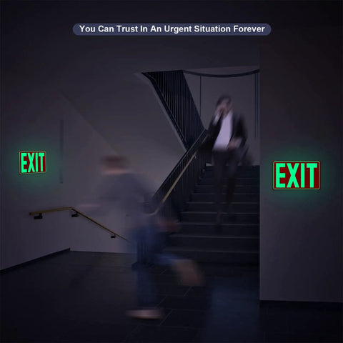 Stairway with glow in the dark photoluminescent exit sign red with easy peel and stick adhesive backing non electrical scratch resistant