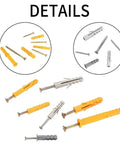 210 Pcs Self-Drilling Screws Set And Wall Anchor Kit For Drywall Brick And Concrete With M5 M6 M8 Sizes Yellow Zinc Plated Carbon Steel Rust-Resistant Heavy-Duty No-Prep Install Do-It-All Mounting. Mixed self-drilling screws and wall anchors, yellow and gray, for drywall, brick, and concrete.