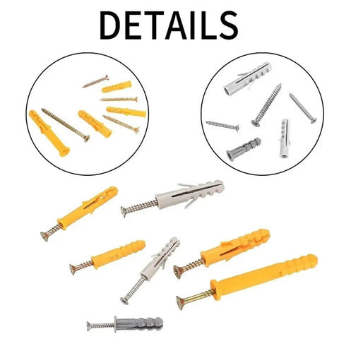 210 Pcs Self-Drilling Screws Set And Wall Anchor Kit For Drywall Brick And Concrete With M5 M6 M8 Sizes Yellow Zinc Plated Carbon Steel Rust-Resistant Heavy-Duty No-Prep Install Do-It-All Mounting. Mixed self-drilling screws and wall anchors, yellow and gray, for drywall, brick, and concrete.