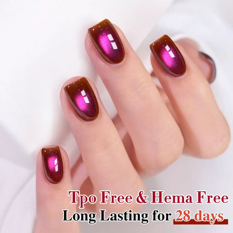 Cat Eye Gel Nail Polish With Magnetic Effect, Holographic Glitter Shine, translucent cherry burgundy nails close-up