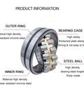 Top Shelf Straight Up Spherical Roller Bearing 21313W33 showing inner and outer rings made of high density wear resistant chrome steel.