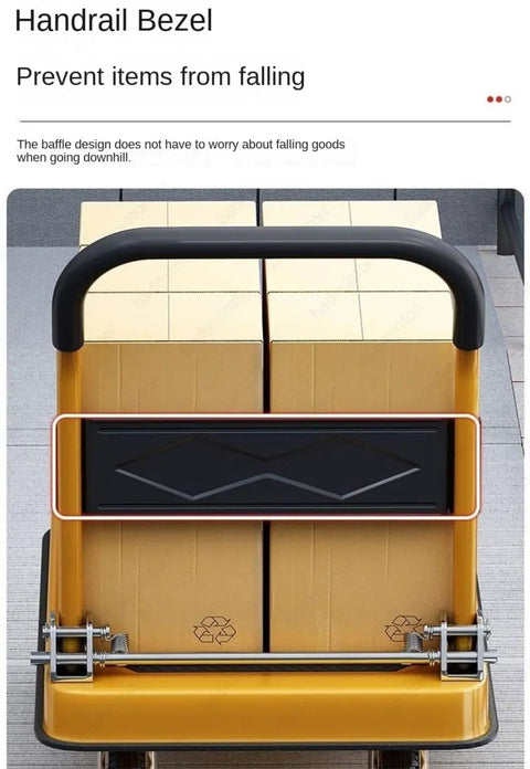 Heavy Duty Platform Cart Steel Push Hand Truck With 1100 LB Capacity Large 28.7 X 18.8 Inch Flatbed 4 Inch Swivel Wheels For 360 Degree Mobility Ideal For Warehouse Shop Garage And Moving Heavy Loads. rear handrail bezel on yellow steel cart securing boxes